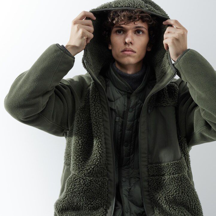 béžová pánská mikina s kapucí uniqlo fleece na zip