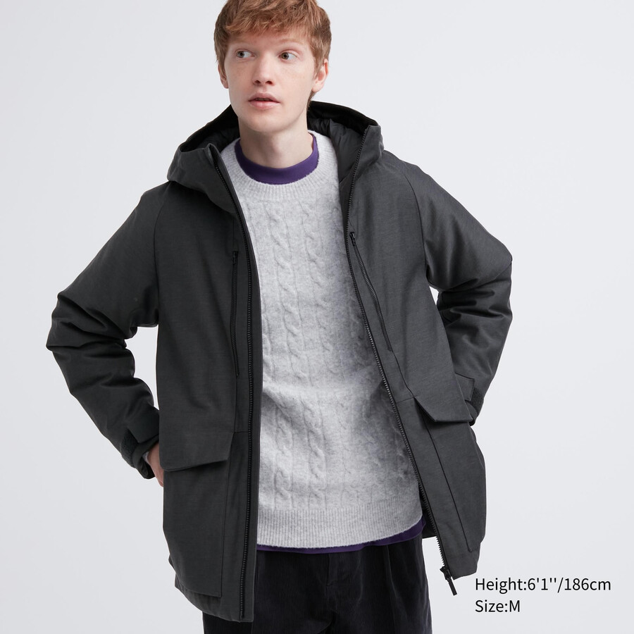pánské hybridní péřové bundy uniqlo s 3d střihem tmavě šedé
