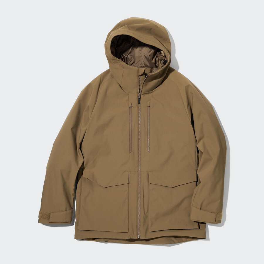 hnědé pánské hybridní péřové bundy uniqlo s 3d střihem