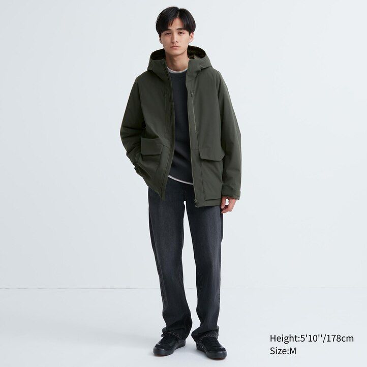 hnědé pánské hybridní péřové bundy uniqlo s 3d střihem