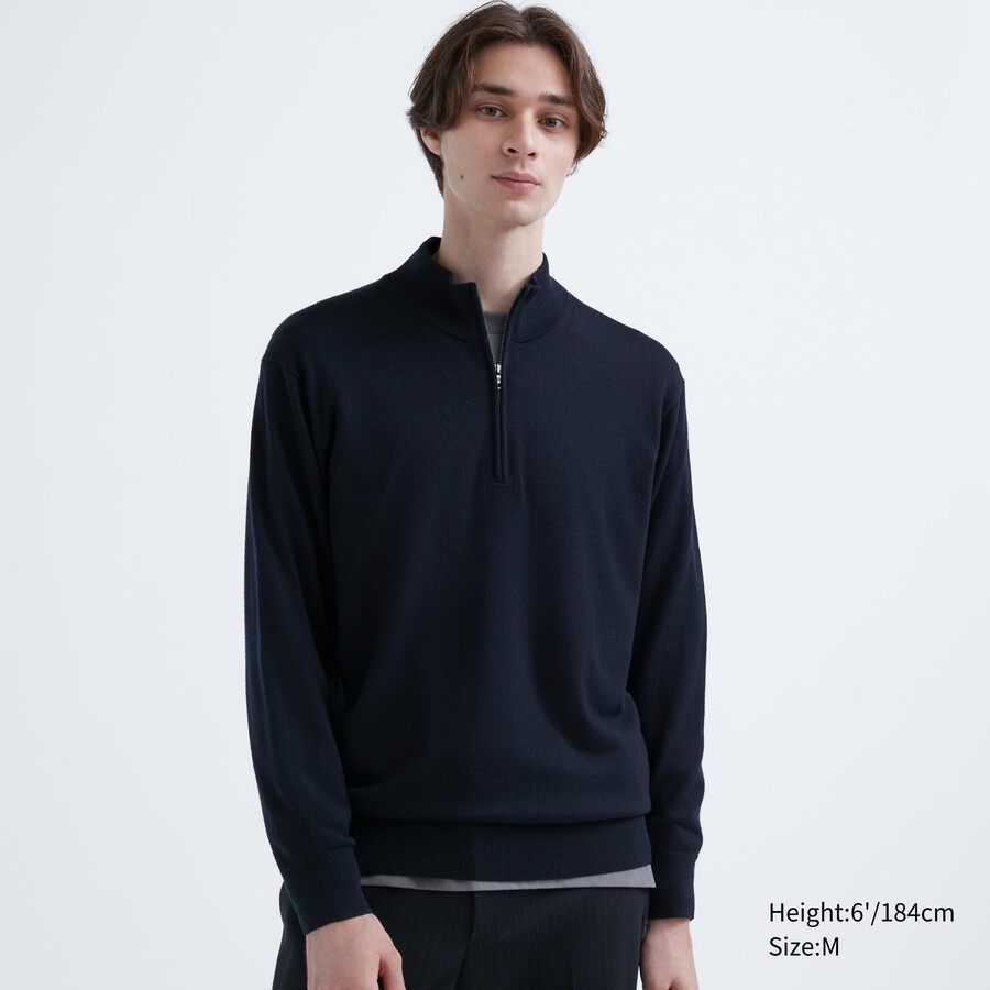 pánský svetr uniqlo 100pct extra fine merino s polovičními zipy tmavě modrý