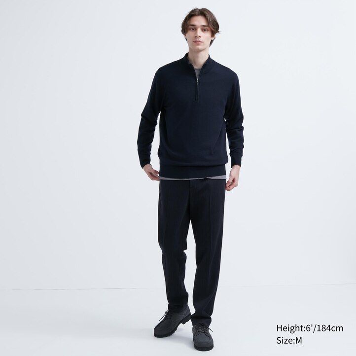 pánský svetr uniqlo 100pct extra fine merino s polovičními zipy tmavě modrý