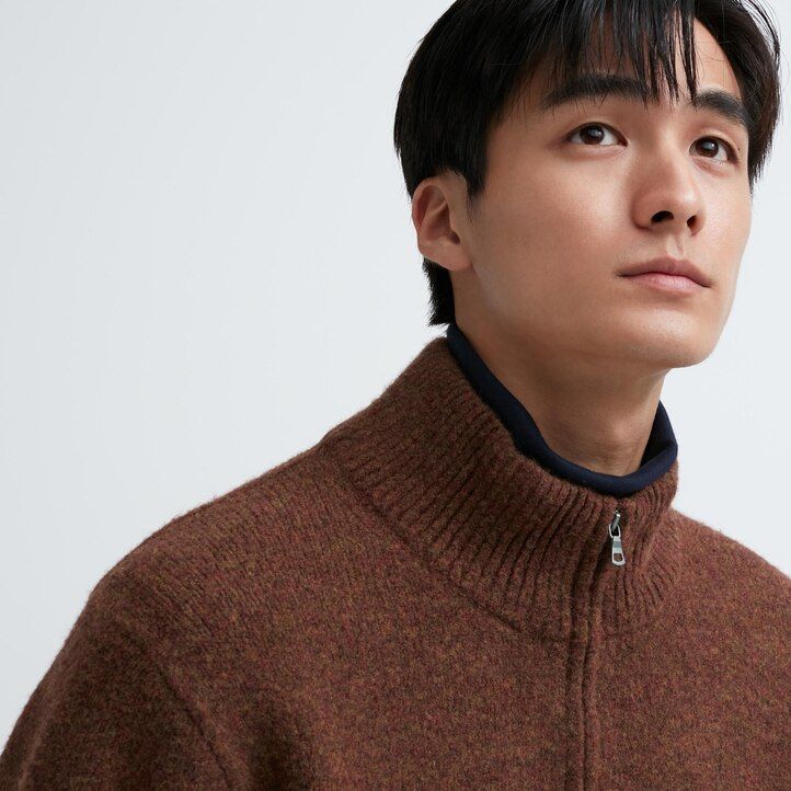 pánské svetry uniqlo souffle yarn s polovičními zipy béžové