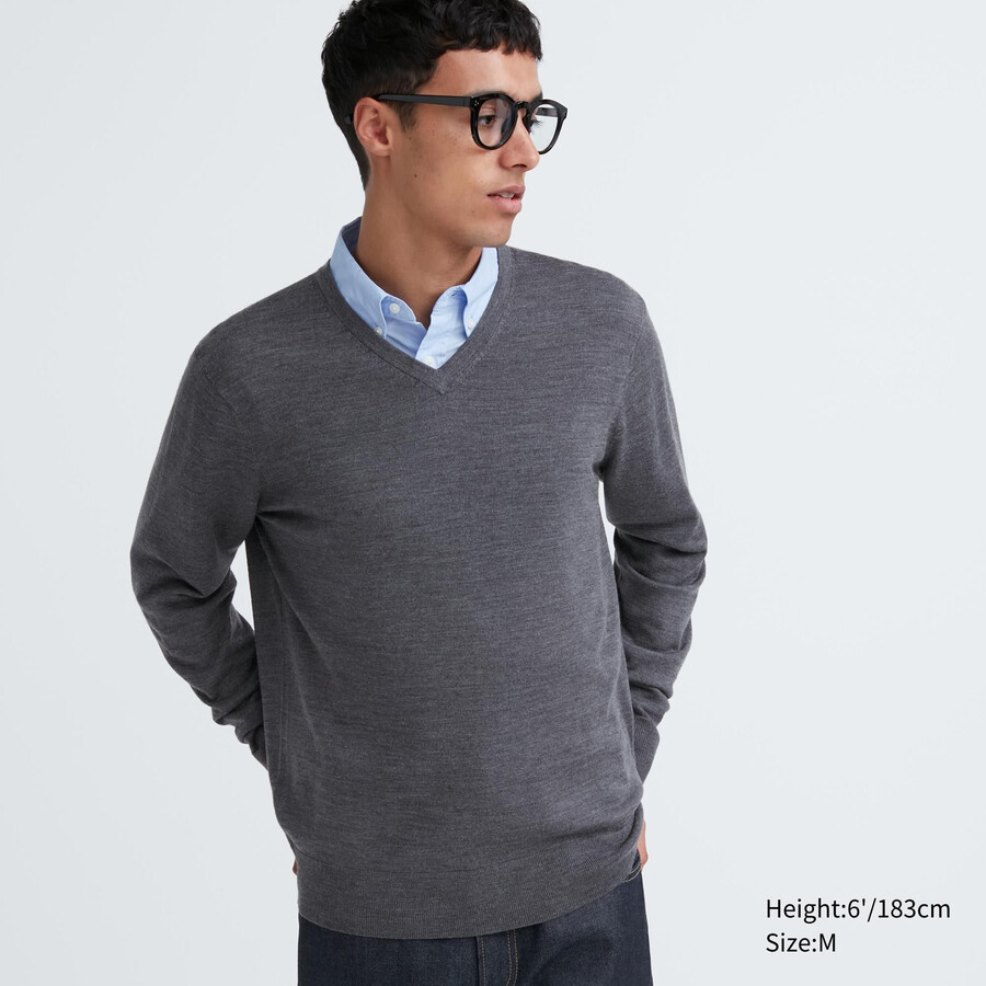 pánské šedé svetry uniqlo 100pct extra fine merino s výstřihem do v