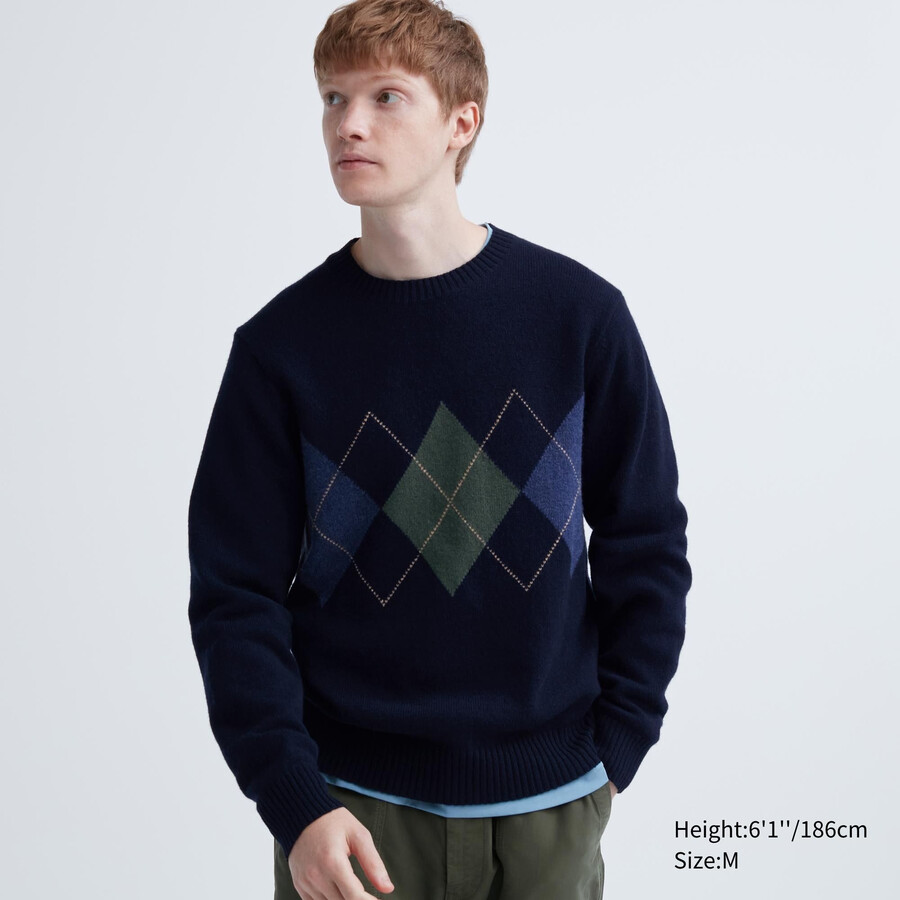 pánské svetry uniqlo premium lambswool argyle s kulatým výstřihem v tmavě modré barvě