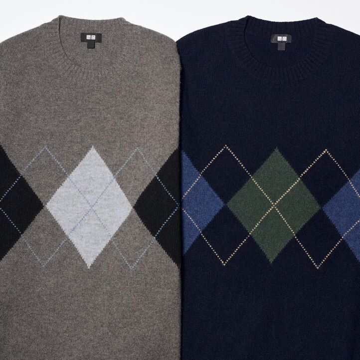 pánské svetry uniqlo premium lambswool argyle s kulatým výstřihem v tmavě modré barvě
