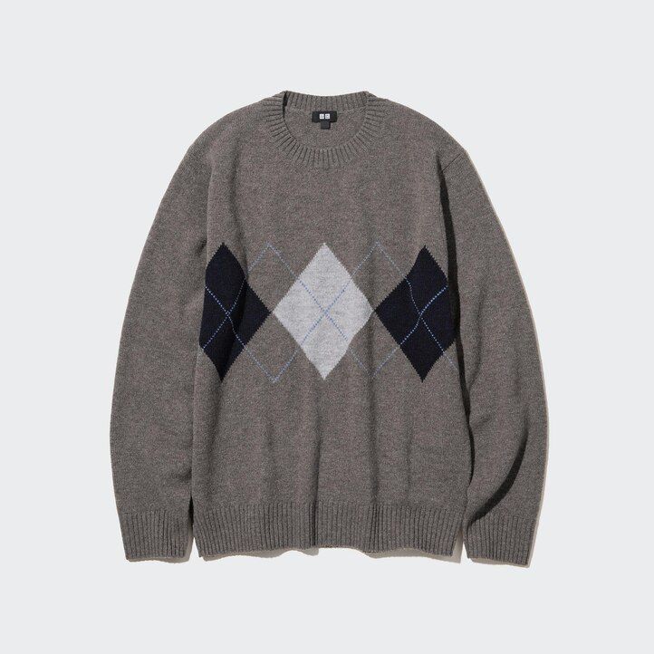 pánské svetry uniqlo premium lambswool argyle s kulatým výstřihem v tmavě modré barvě