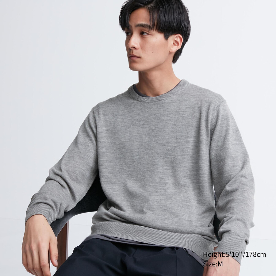 pánské svetry uniqlo 100pc extra fine merino s kulatým výstřihem v šedé barvě