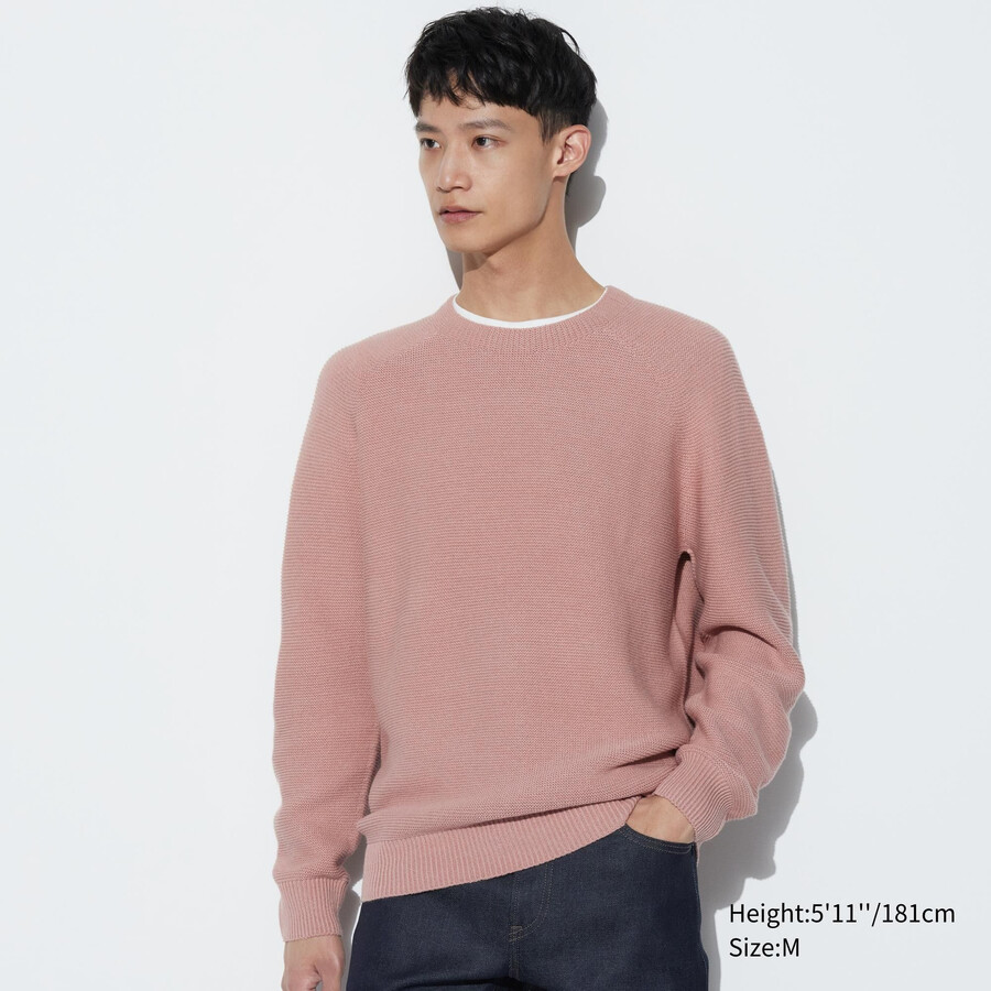 pánské bezešvé svetry uniqlo 3d knit s kulatým výstřihem růžové