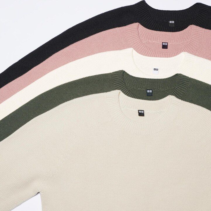 pánské bezešvé svetry uniqlo 3d knit s kulatým výstřihem růžové