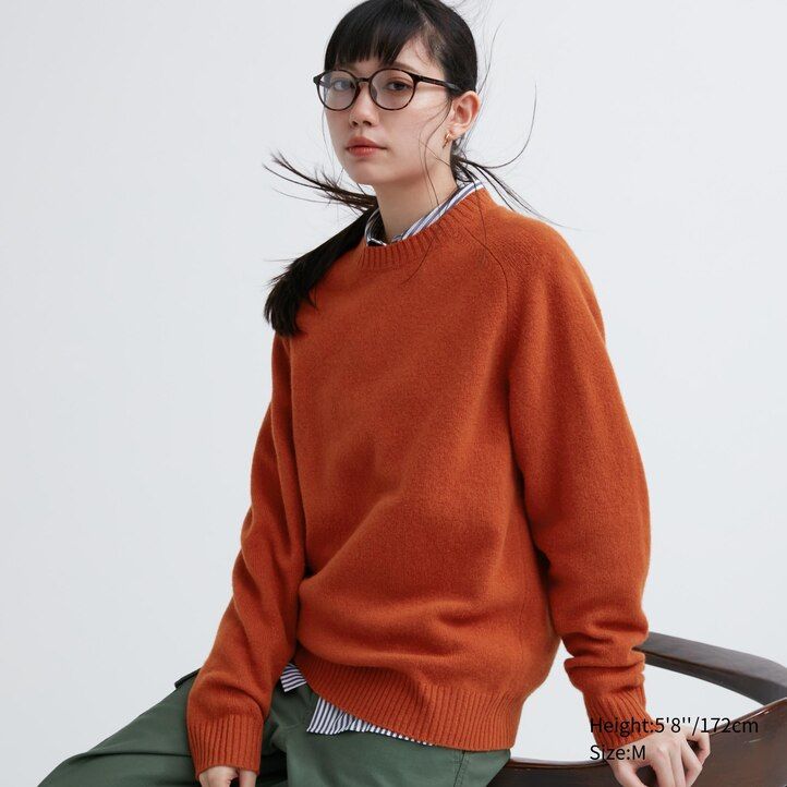 pánské svetry uniqlo premium lambswool s kulatým výstřihem v oranžové barvě