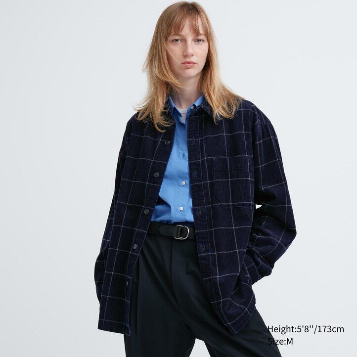 pánská nadměrná kostkovaná košile uniqlo corduroy v tmavě modré barvě