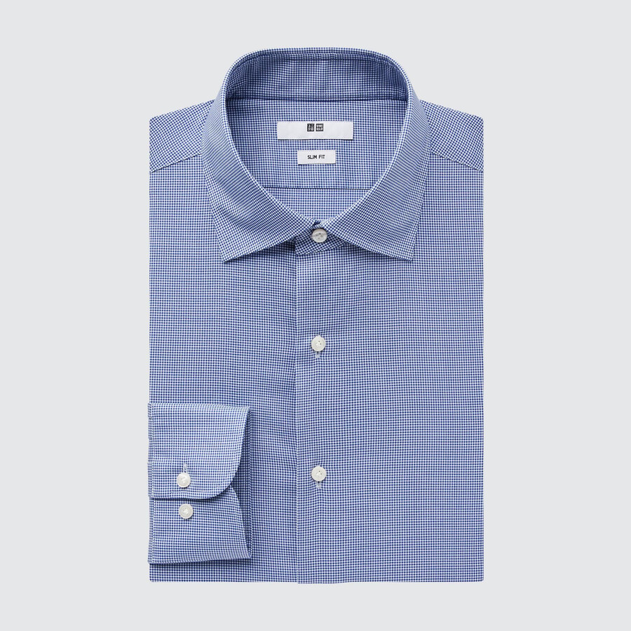 pánské košile uniqlo easyre stretch slim fit s polovykrojeným límcem v modré barvě