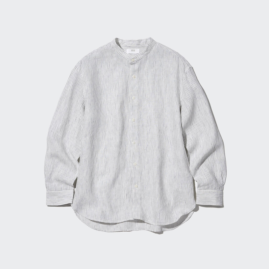 pánské modré tričko uniqlo 100pct premium linen s pruhy a límcem grandad regular fit