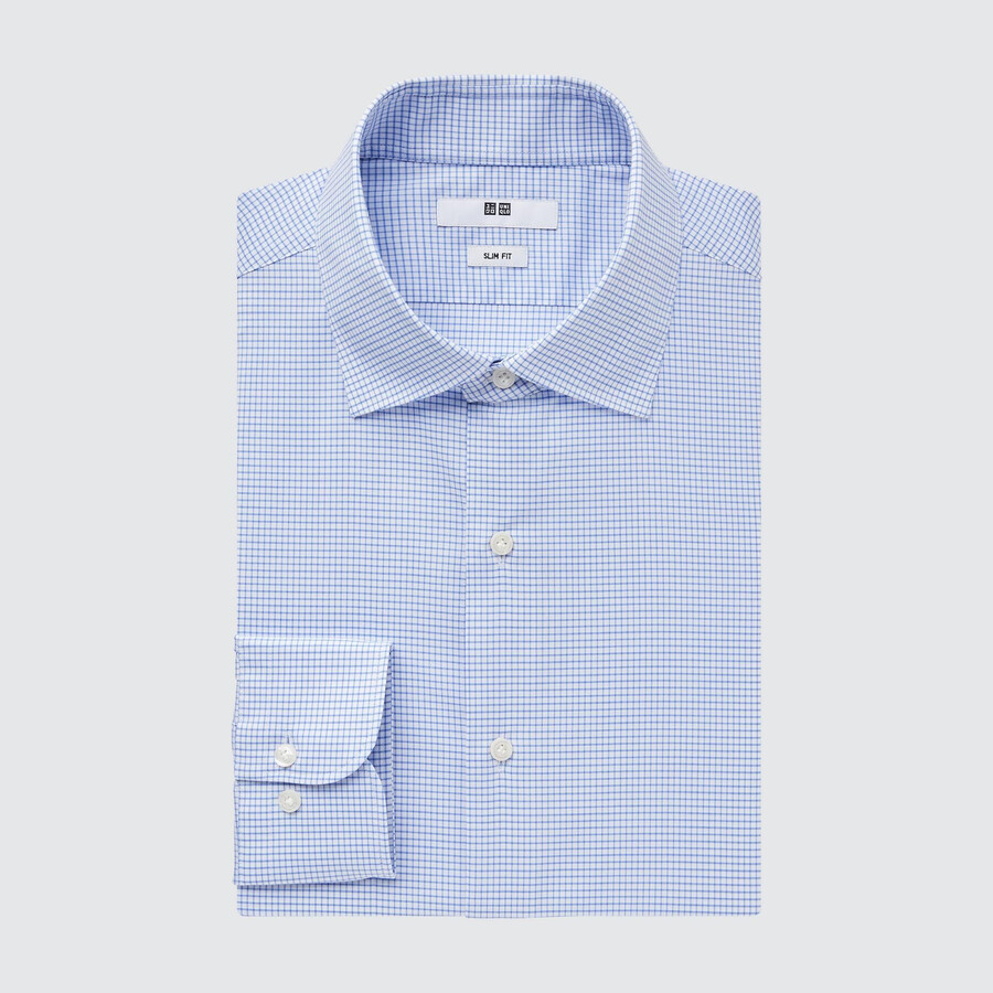 modré pánské strečové slim fit košile uniqlo easyre s polovykrojeným límcem