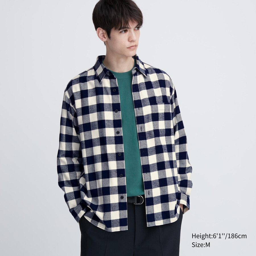 bílé pánské flanelové košile uniqlo regular fit s kostkovaným límcem a regularním límcem