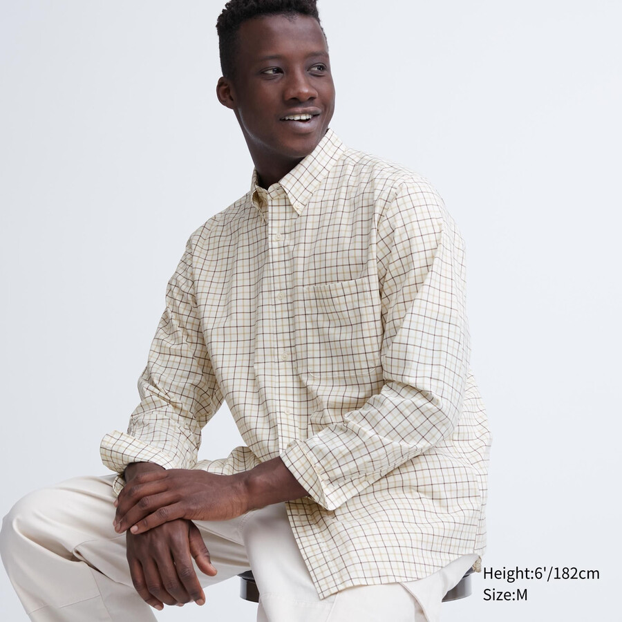 pánské košile uniqlo extra fine cotton broadcloth regular fit s kostkovaným límcem na knoflíky bílé