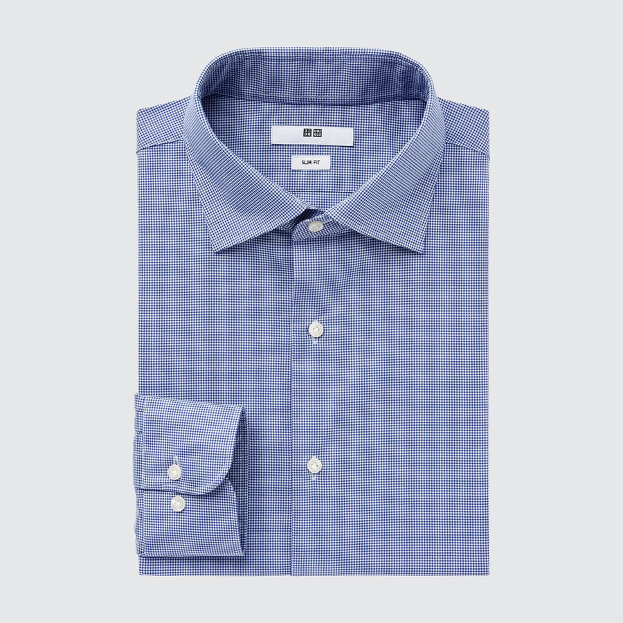 modré pánské tričko uniqlo easyre broadcloth stretch slim fit s polovykrojeným límcem