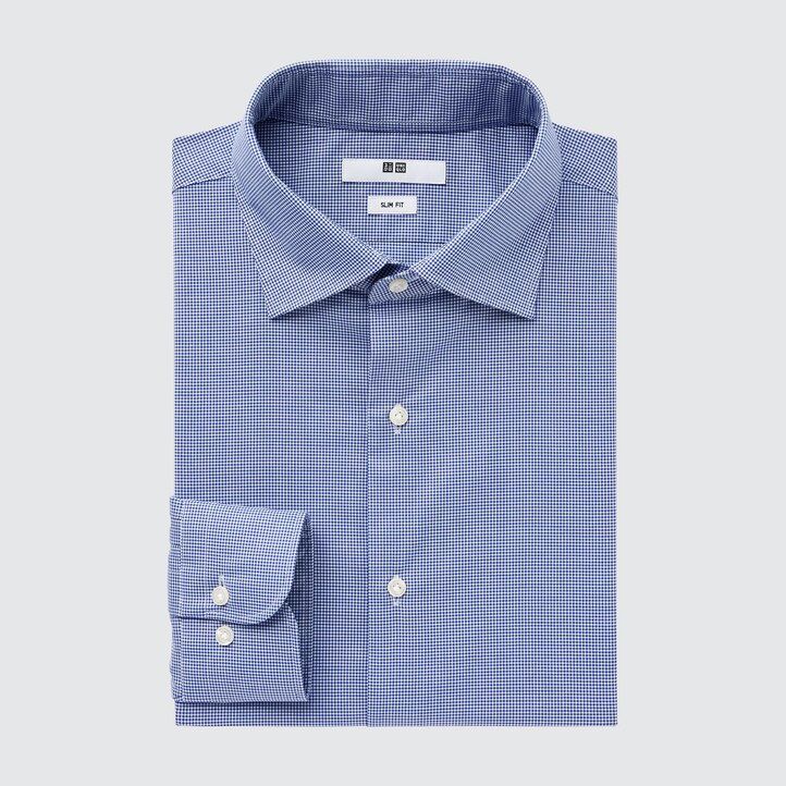 modré pánské tričko uniqlo easyre broadcloth stretch slim fit s polovykrojeným límcem