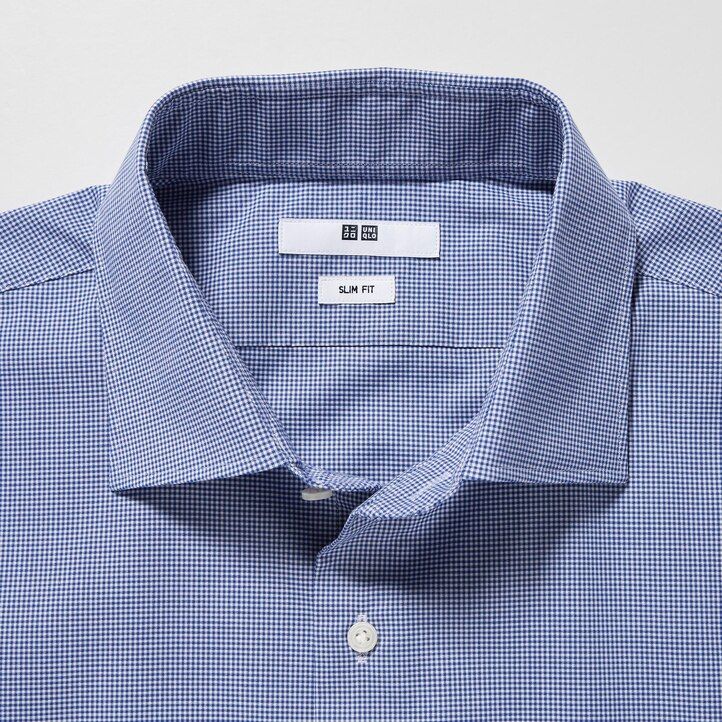 modré pánské tričko uniqlo easyre broadcloth stretch slim fit s polovykrojeným límcem