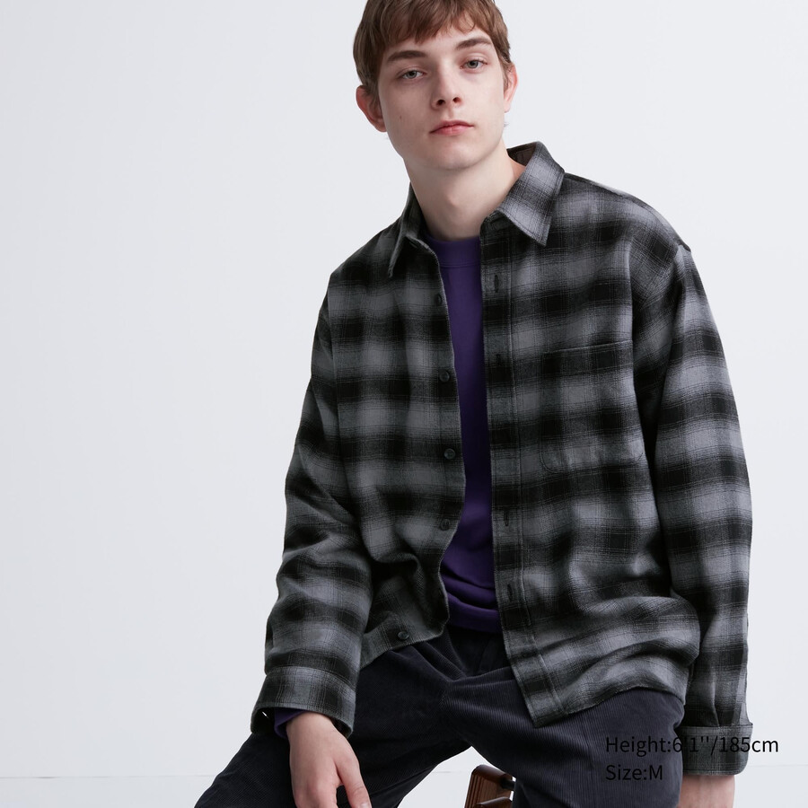pánské šedé flanelové košile uniqlo s regular fit kostkovaným límcem a regular límcem
