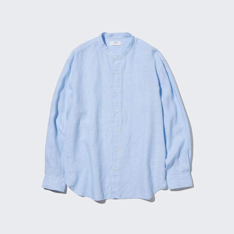 pánské tričko uniqlo 100pct premium linen regular fit s límcem grandad modré