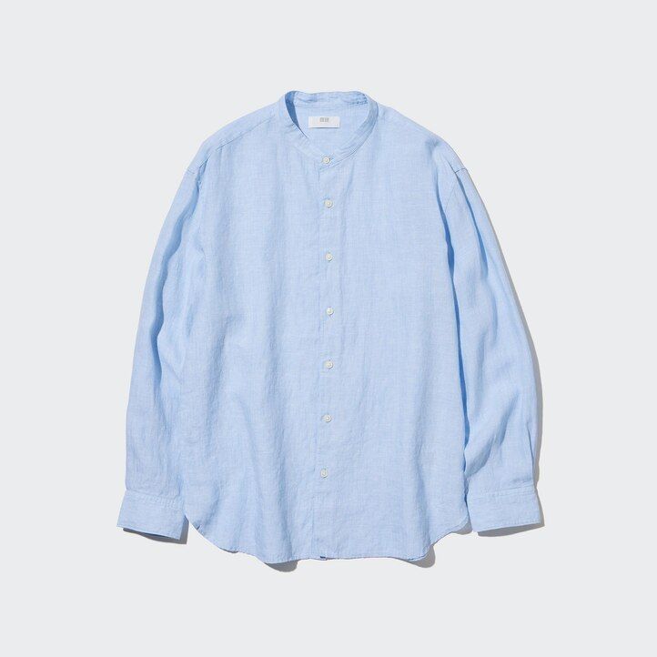 pánské tričko uniqlo 100pct premium linen regular fit s límcem grandad modré