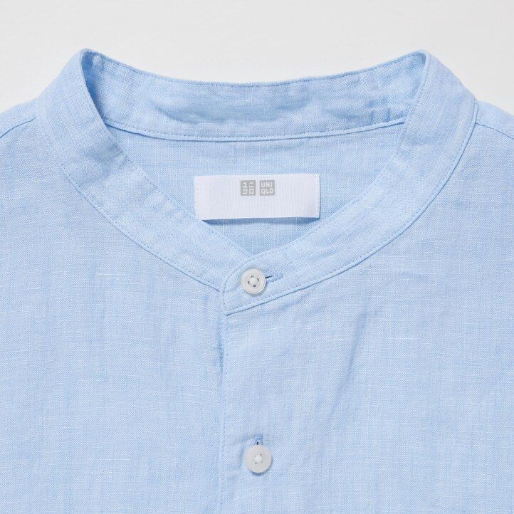 pánské tričko uniqlo 100pct premium linen regular fit s límcem grandad modré