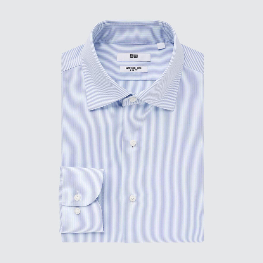 pánské modré pruhované košile uniqlo super non iron slim fit s polovykrojeným límcem