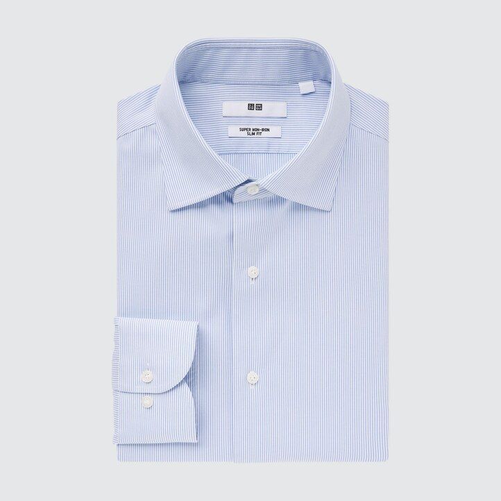 pánské modré pruhované košile uniqlo super non iron slim fit s polovykrojeným límcem