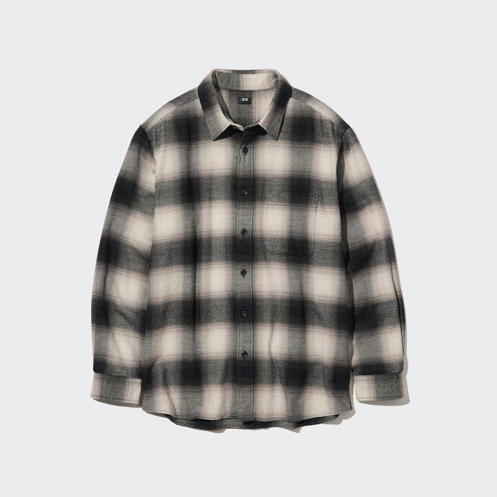 Černé pánské flanelové kostkované tričko uniqlo regular fit s běžným límcem