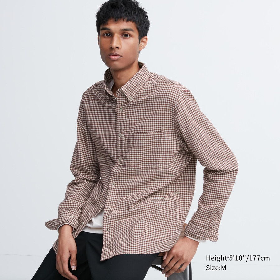 pánské červené flanelové košile uniqlo s kostkovaným límcem a knoflíky regular fit