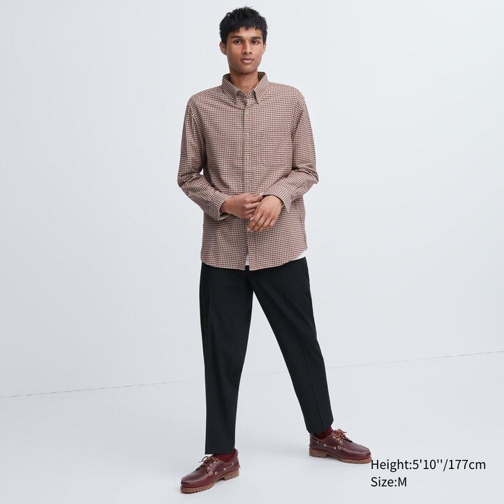 pánské červené flanelové košile uniqlo s kostkovaným límcem a knoflíky regular fit