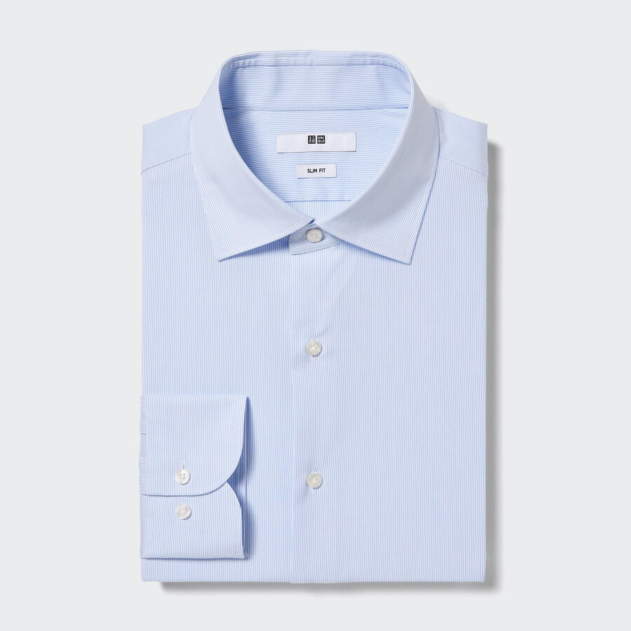 pánské košile uniqlo easyre stretch slim fit s pruhovaným polovykrojeným límcem modré