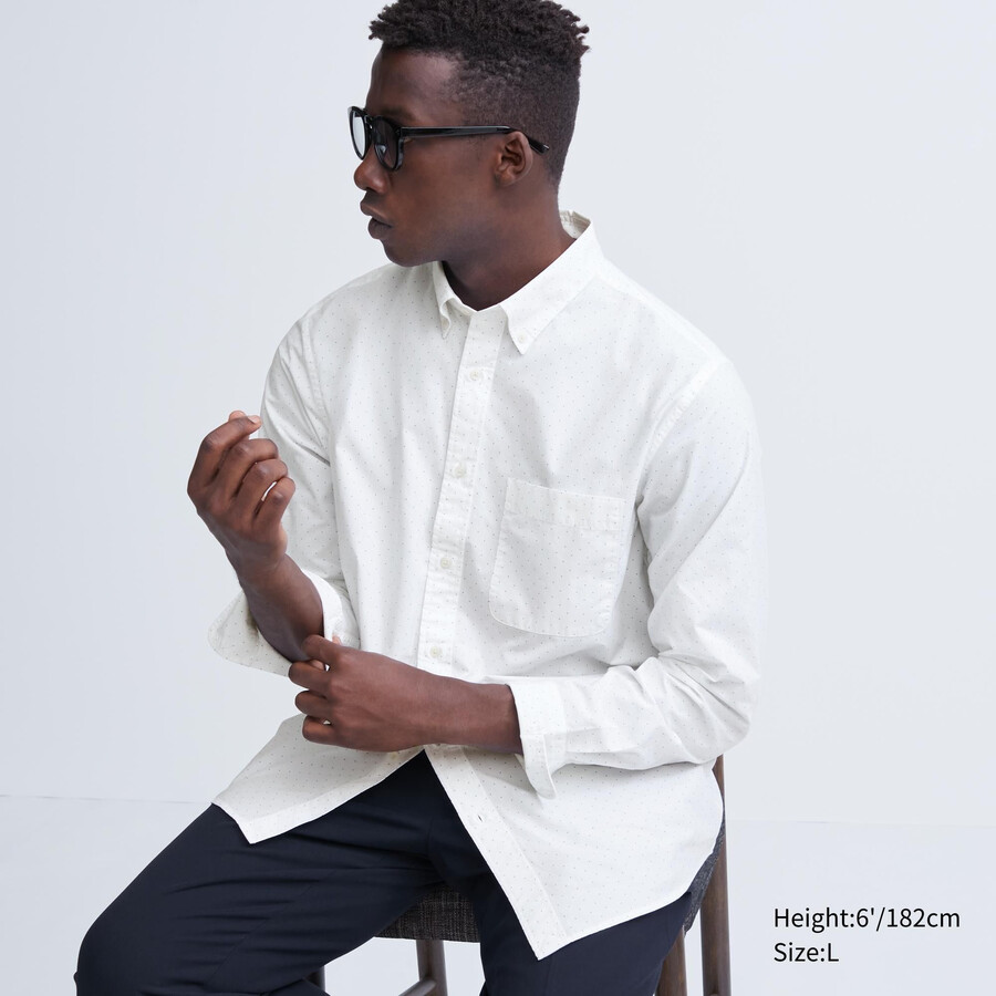 pánské košile uniqlo extra fine cotton broadcloth regular fit s potiskem a límcem na knoflíky bílé