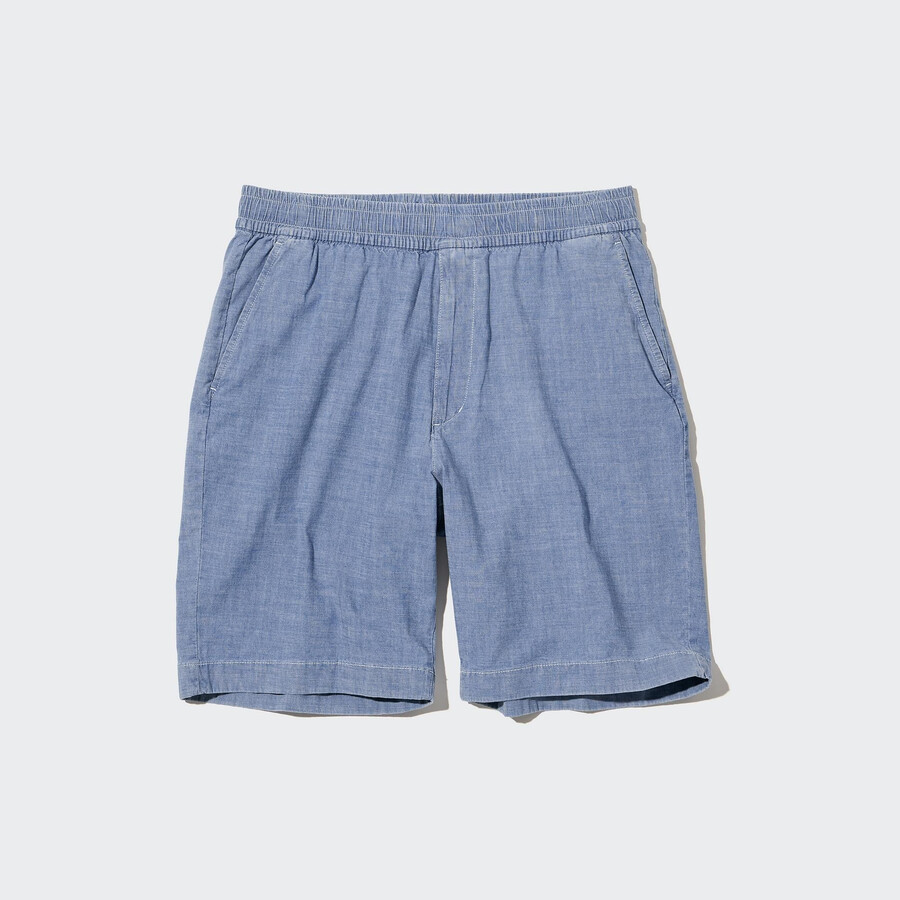 modré pánské strečové kalhoty uniqlo chambray easys