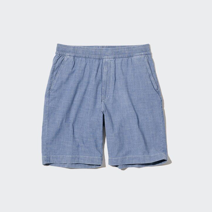 modré pánské strečové kalhoty uniqlo chambray easys