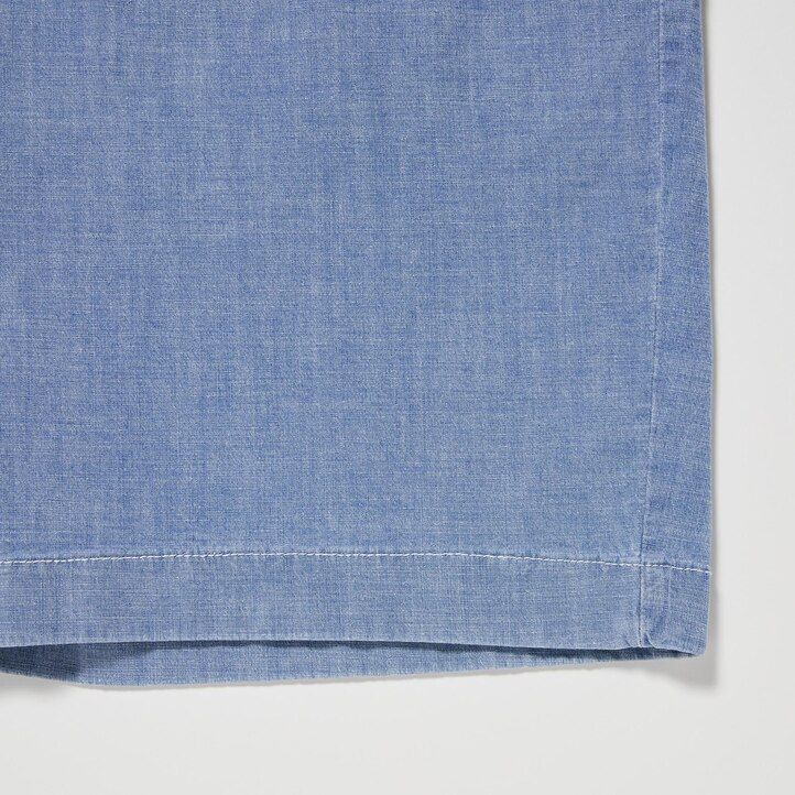 modré pánské strečové kalhoty uniqlo chambray easys