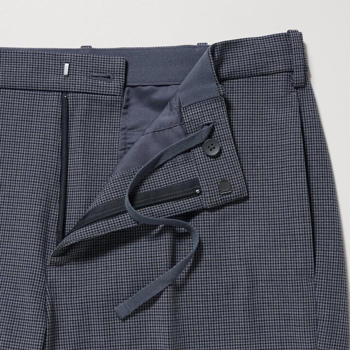 pánské kalhoty uniqlo smart gunclub s kostkovaným vzorem ke kotníkům šedé barvy