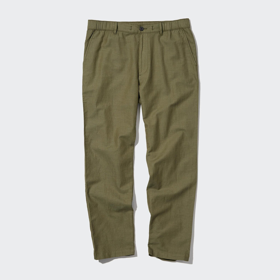 pánské kalhoty uniqlo relaxed fit z olivové směsi lnu