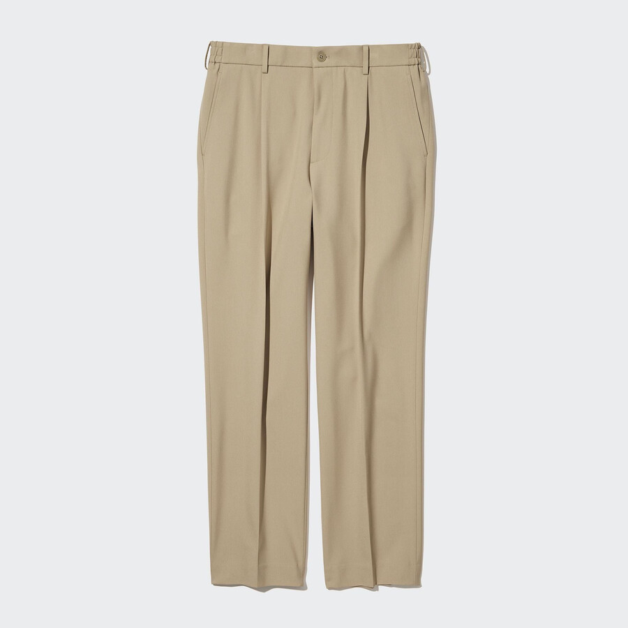 pánské kalhoty uniqlo two way stretch s plisovaným zúženým střihem béžové barvy