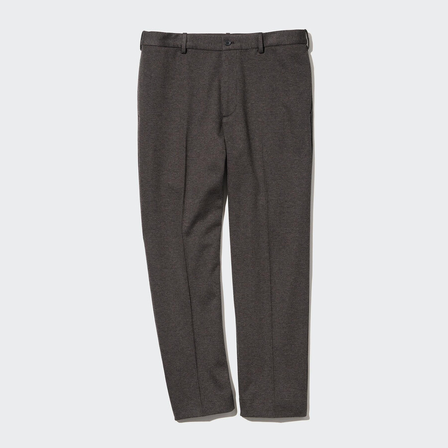 tmavě hnědé pánské elegantní kalhoty uniqlo s kohoutím vzorem a délkou po kotníky