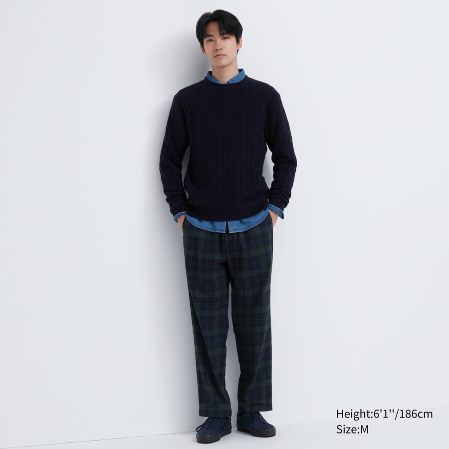 pánské kalhoty uniqlo flanel easy patterned po kotníky tmavě zelené