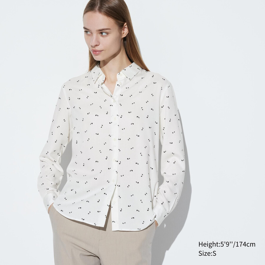 bílá dámská halenka s rukávy a potiskem z hedvábného vlákna uniqlo