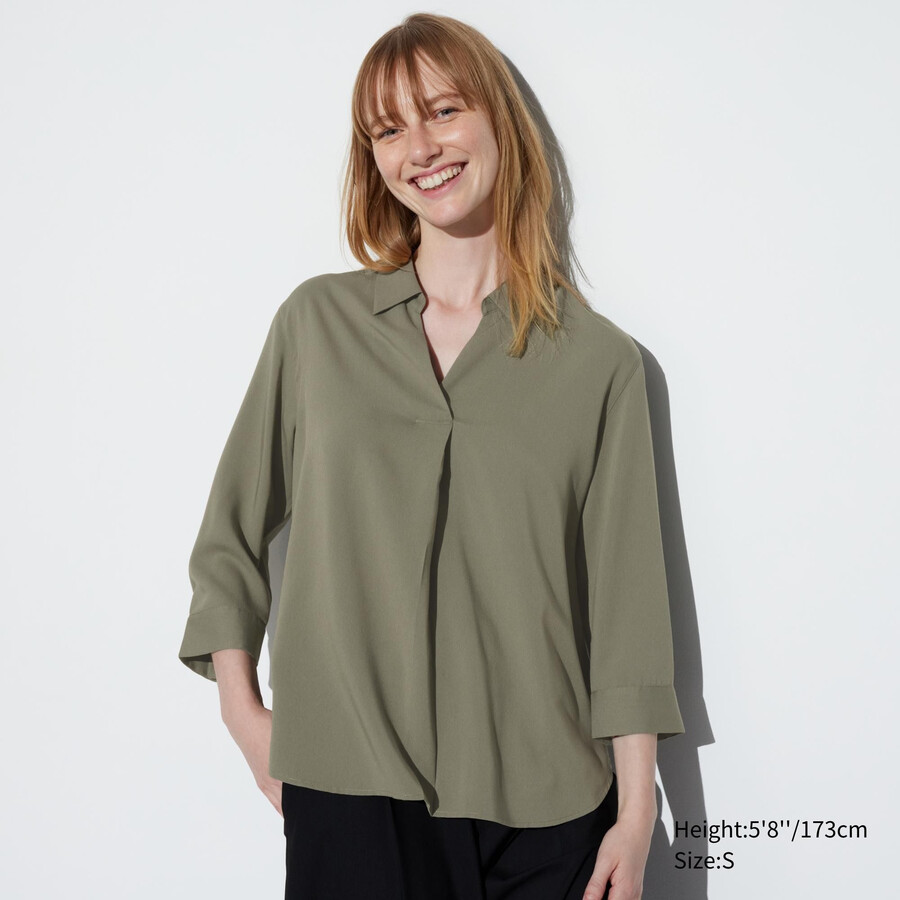 dámská halenka uniqlo rayon s 34 rukávy a límcem skipper olivová