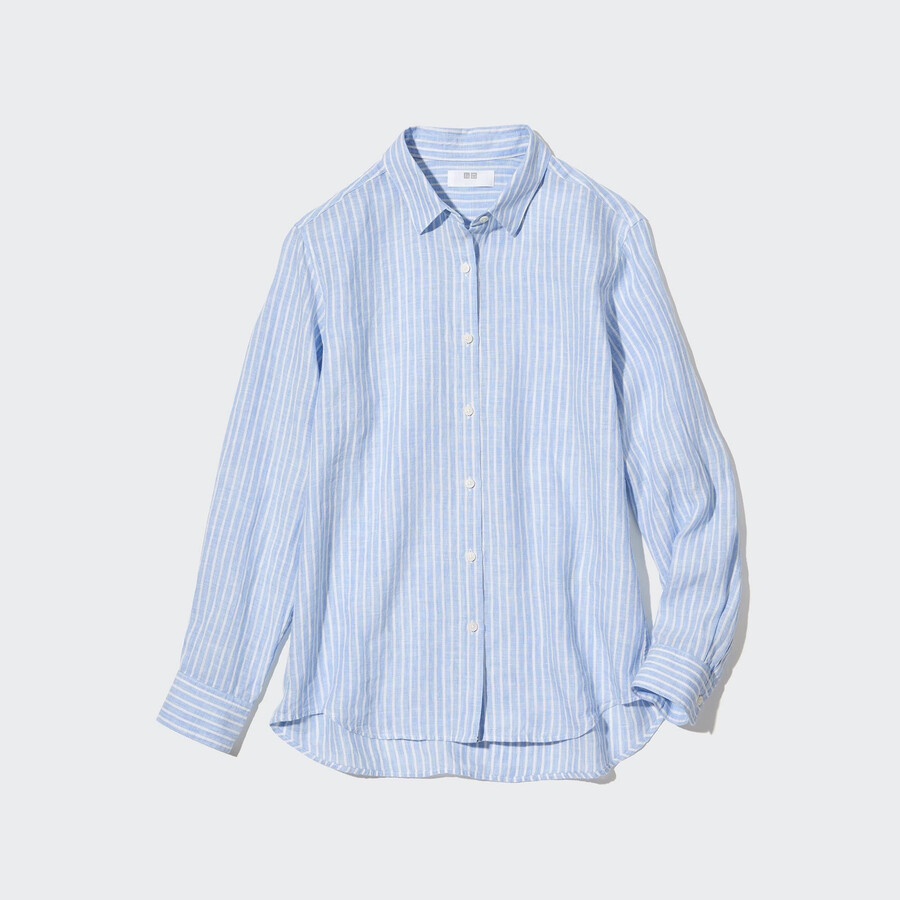 dámská halenka uniqlo 100pct premium linen s pruhovanými rukávy světle modrá