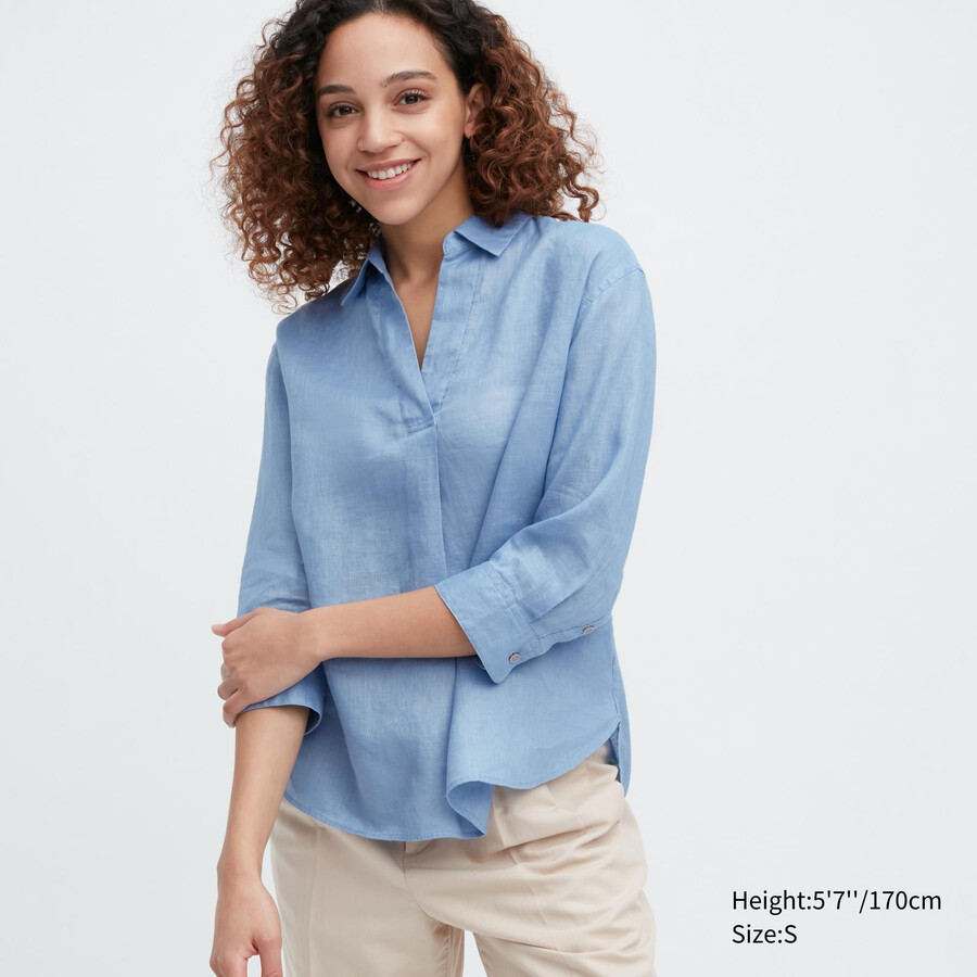 dámská halenka uniqlo 100 ks premium linen skipper collar s 34 rukávy modrá