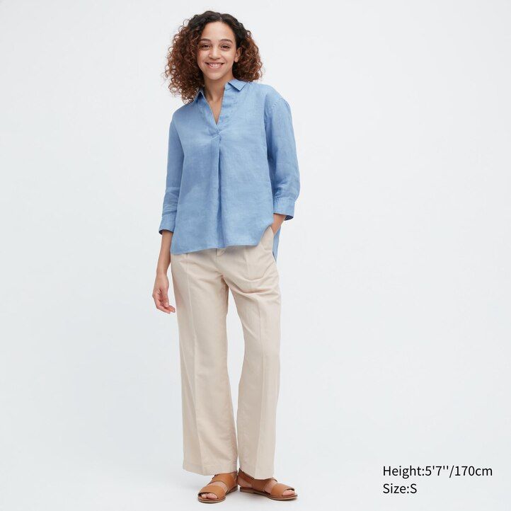 dámská halenka uniqlo 100 ks premium linen skipper collar s 34 rukávy modrá
