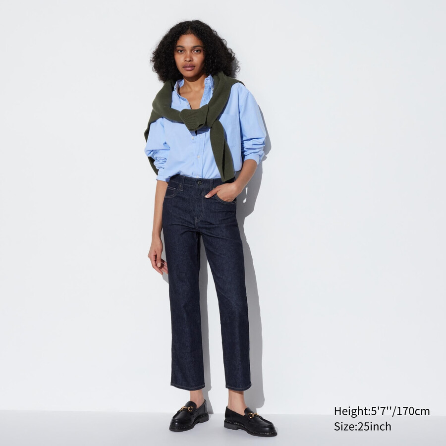 dámské tmavě modré džíny uniqlo slim fit straight leg s délkou po kotníky