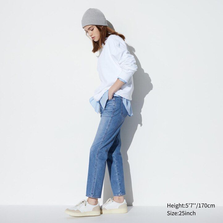 dámské tmavě modré džíny uniqlo slim fit straight leg s délkou po kotníky